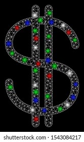 Bright mesh dollar with glow effect. White wire carcass polygonal mesh in vector format on a black background. Abstract 2d mesh designed with polygonal grid, round dots, colorful light spots.