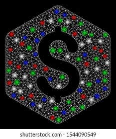 Bright mesh dollar hexagon with lightspot effect. White wire carcass triangular mesh in vector format on a black background. Abstract 2d mesh designed with triangular lines, dots,