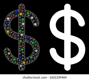 Bright mesh dollar icon with glitter effect. Abstract illuminated model of dollar. Shiny wire frame triangular mesh dollar icon. Vector abstraction on a black background.