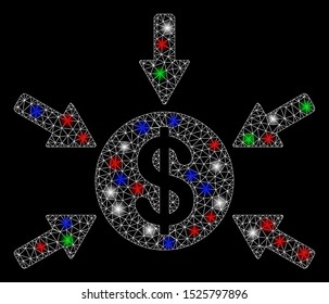 Bright mesh dollar income arrows with glow effect. White wire carcass polygonal mesh in vector format on a black background. Abstract 2d mesh designed with triangular lines, spheric points,