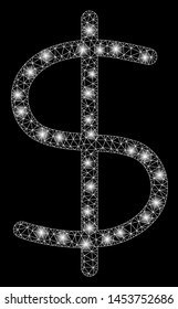 Bright mesh dollar with lightspot effect. Abstract illuminated model of dollar icon. Shiny wire frame polygonal mesh dollar. Vector abstraction on a black background.