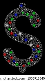 Bright mesh dollar with lightspot effect. White wire frame polygonal network in vector format on a black background. Abstract 2d mesh designed with polygonal grid, dots, colorful glare spots.