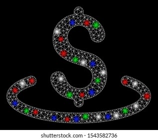Bright mesh dollar location with lightspot effect. White wire frame triangular mesh in vector format on a black background. Abstract 2d mesh designed with triangular lines, small circle,