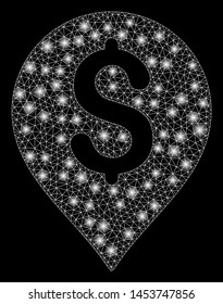 Bright mesh dollar map marker with glare effect. Abstract illuminated model of dollar map marker icon. Shiny wire carcass polygonal mesh dollar map marker. Vector abstraction on a black background.