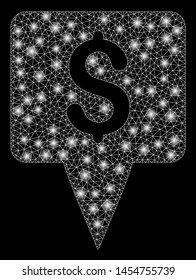 Bright mesh dollar map pointer with glow effect. Abstract illuminated model of dollar map pointer icon. Shiny wire frame polygonal mesh dollar map pointer. Vector abstraction on a black background.