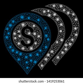 Bright mesh dollar markers with lightspot effect. Abstract illuminated model of dollar markers icon. Shiny wire carcass triangular mesh dollar markers. Vector abstraction on a black background.