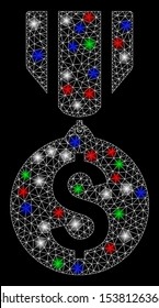 Bright mesh dollar medal with glare effect. White wire carcass polygonal mesh in vector format on a black background. Abstract 2d mesh built from triangular lines, round dots, colored glare spots.