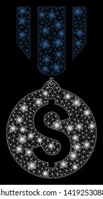 Bright mesh dollar medal with glow effect. Abstract illuminated model of dollar medal icon. Shiny wire frame triangular mesh dollar medal. Vector abstraction on a black background.
