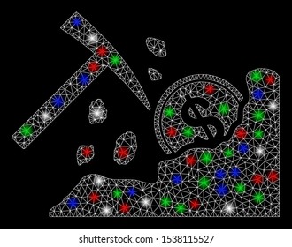 Bright mesh dollar mining hammer with glow effect. White wire frame polygonal mesh in vector format on a black background. Abstract 2d mesh designed with polygonal grid, points, colorful glare spots.