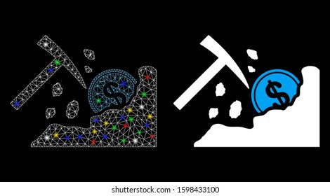 Bright mesh dollar mining hammer icon with sparkle effect. Abstract illuminated model of dollar mining hammer. Shiny wire frame triangular mesh dollar mining hammer icon.