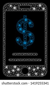 Bright mesh dollar mobile wallet with lightspot effect. Abstract illuminated model of dollar mobile wallet icon. Shiny wire frame triangular mesh dollar mobile wallet.