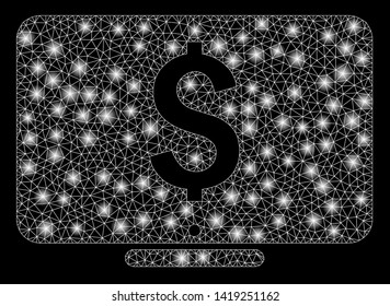Bright mesh dollar monitor with glare effect. Abstract illuminated model of dollar monitor icon. Shiny wire frame triangular mesh dollar monitor. Vector abstraction on a black background.