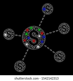 Bright mesh dollar network nodes with glare effect. White wire frame triangular mesh in vector format on a black background. Abstract 2d mesh created from triangular lines, round dots,