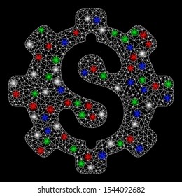 Bright mesh dollar options with glow effect. White wire frame triangular mesh in vector format on a black background. Abstract 2d mesh designed with polygonal grid, points, colorful flare spots.