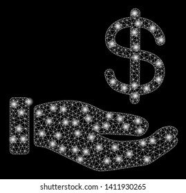 Bright mesh dollar payment hand with lightspot effect. Abstract illuminated model of dollar payment hand icon.