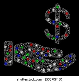Bright mesh dollar payment hand with glare effect. White wire carcass triangular mesh in vector format on a black background. Abstract 2d mesh designed with triangular lines, points,