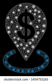 Bright mesh dollar placement with glow effect. Abstract illuminated model of dollar placement icon. Shiny wire carcass triangular mesh dollar placement. Vector abstraction on a black background.