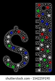 Bright mesh dollar rate with glow effect. White wire carcass polygonal mesh in vector format on a black background. Abstract 2d mesh designed with polygonal grid, spheric points, colorful glare spots.