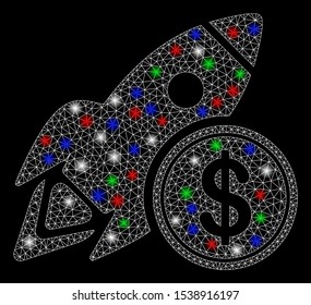 Bright mesh dollar rocket with glare effect. White wire carcass polygonal mesh in vector format on a black background. Abstract 2d mesh designed with polygonal grid, small circle,