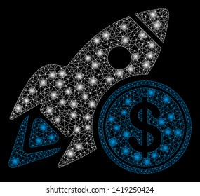 Bright mesh dollar rocket with lightspot effect. Abstract illuminated model of dollar rocket icon. Shiny wire carcass triangular mesh dollar rocket. Vector abstraction on a black background.