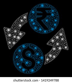 Bright mesh dollar rupee exchange with glow effect. Abstract illuminated model of dollar rupee exchange icon. Shiny wire carcass triangular network dollar rupee exchange.