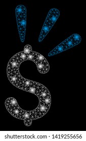 Bright mesh dollar shine with lightspot effect. Abstract illuminated model of dollar shine icon. Shiny wire frame triangular mesh dollar shine. Vector abstraction on a black background.
