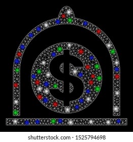 Bright mesh dollar standard with glare effect. White wire carcass triangular mesh in vector format on a black background. Abstract 2d mesh designed with triangles, dots, colorful flare spots.