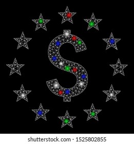 Bright mesh dollar stars with glow effect. White wire frame triangular mesh in vector format on a black background. Abstract 2d mesh created from triangular lines, dots, colored light spots.