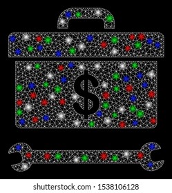 Bright mesh dollar toolbox with glare effect. White wire frame triangular mesh in vector format on a black background. Abstract 2d mesh built from triangular lines, small circle, colored glare spots.