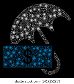 Bright mesh dollar umbrella with glow effect. Abstract illuminated model of dollar umbrella icon. Shiny wire frame triangular mesh dollar umbrella. Vector abstraction on a black background.
