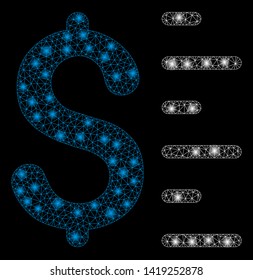 Bright mesh dollar value with glare effect. Abstract illuminated model of dollar value icon. Shiny wire frame triangular network dollar value. Vector abstraction on a black background.