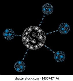 Bright mesh dollar virtual links with glare effect. Abstract illuminated model of dollar virtual links icon. Shiny wire frame triangular mesh dollar virtual links.