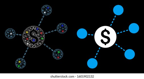 Bright mesh dollar virtual links icon with glare effect. Abstract illuminated model of dollar virtual links. Shiny wire frame polygonal network dollar virtual links icon.