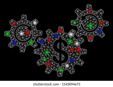 Bright mesh dollar wheels rotation with glow effect. White wire carcass polygonal mesh in vector format on a black background. Abstract 2d mesh designed with triangles, spheric points,