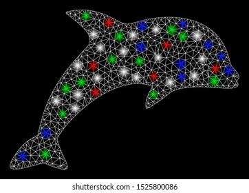 Bright mesh dolphin with glow effect. White wire carcass triangular mesh in vector format on a black background. Abstract 2d mesh designed with triangular lines, spheric points, colorful light spots.