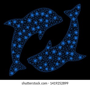 Bright mesh dolphins with lightspot effect. Abstract illuminated model of dolphins icon. Shiny wire carcass triangular mesh dolphins. Vector abstraction on a black background.