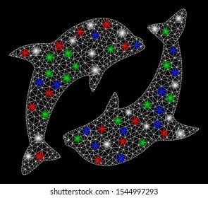 Bright mesh dolphins with lightspot effect. White wire carcass triangular network in vector format on a black background. Abstract 2d mesh designed with triangular lines, spheric points,