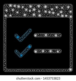 Bright mesh done items calendar page with glow effect. Abstract illuminated model of done items calendar page icon. Shiny wire frame polygonal mesh done items calendar page.
