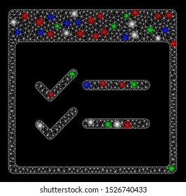 Bright mesh done items calendar page with glare effect. White wire carcass polygonal network in vector format on a black background. Abstract 2d mesh designed with polygonal grid, points,