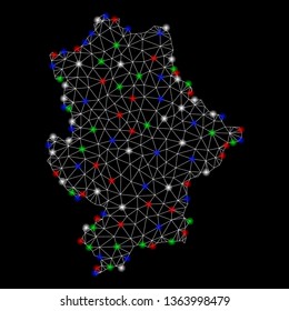 Bright mesh Donetsk Republic map with lightspot effect. Wire frame polygonal mesh in vector format on a black background. Abstract 2d mesh designed with polygonal grid, small circle,
