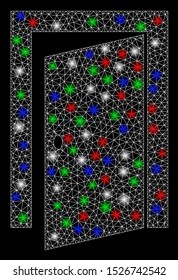Bright mesh door with glare effect. White wire frame triangular mesh in vector format on a black background. Abstract 2d mesh created from triangular lines, small circle, colored glare spots.