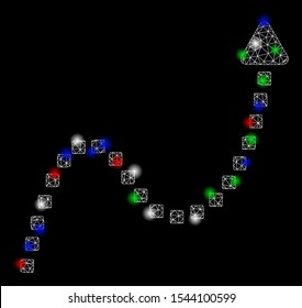 Bright mesh dotted curve direction with lightspot effect. White wire frame triangular mesh in vector format on a black background. Abstract 2d mesh designed with triangles, spheric points,