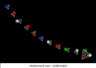 Bright mesh dotted decline trend with glow effect. White wire frame polygonal mesh in vector format on a black background. Abstract 2d mesh built from polygonal grid, points, colorful flash spots.