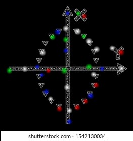 Bright mesh dotted ellipse plot with glare effect. White wire frame polygonal mesh in vector format on a black background. Abstract 2d mesh designed with triangles, small circle, colored light spots.