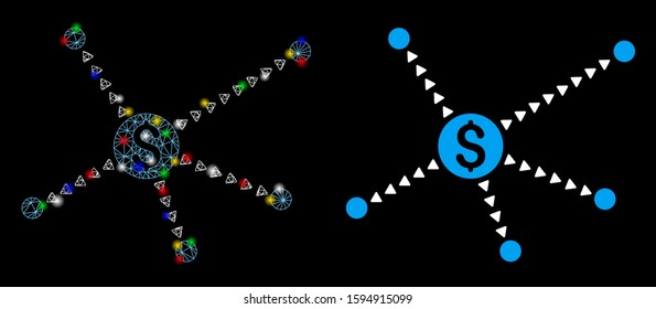 Bright mesh dotted financial links icon with sparkle effect. Abstract illuminated model of dotted financial links. Shiny wire frame triangular mesh dotted financial links icon.