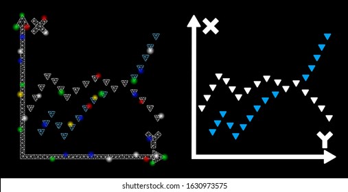 Bright mesh dotted functions plot icon with glare effect. Abstract illuminated model of dotted functions plot. Shiny wire frame polygonal network dotted functions plot icon.