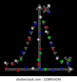 Bright mesh dotted gauss plot with lightspot effect. White wire carcass polygonal mesh in vector format on a black background. Abstract 2d mesh created from polygonal grid, small circle,