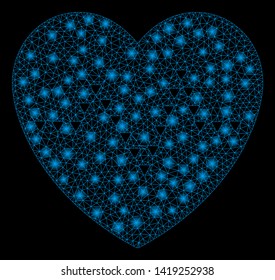 Bright mesh dotted heart pulse with lightspot effect. Abstract illuminated model of dotted heart pulse icon. Shiny wire frame polygonal mesh dotted heart pulse.