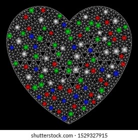 Bright mesh dotted heart pulse with glow effect. White wire frame polygonal mesh in vector format on a black background. Abstract 2d mesh built from polygonal grid, spheric points,