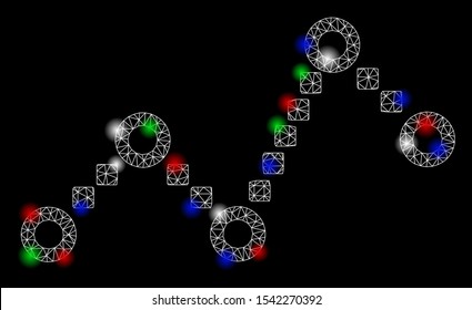 Bright mesh dotted line with glare effect. White wire carcass polygonal mesh in vector format on a black background. Abstract 2d mesh designed with triangles, points, colored glare spots.